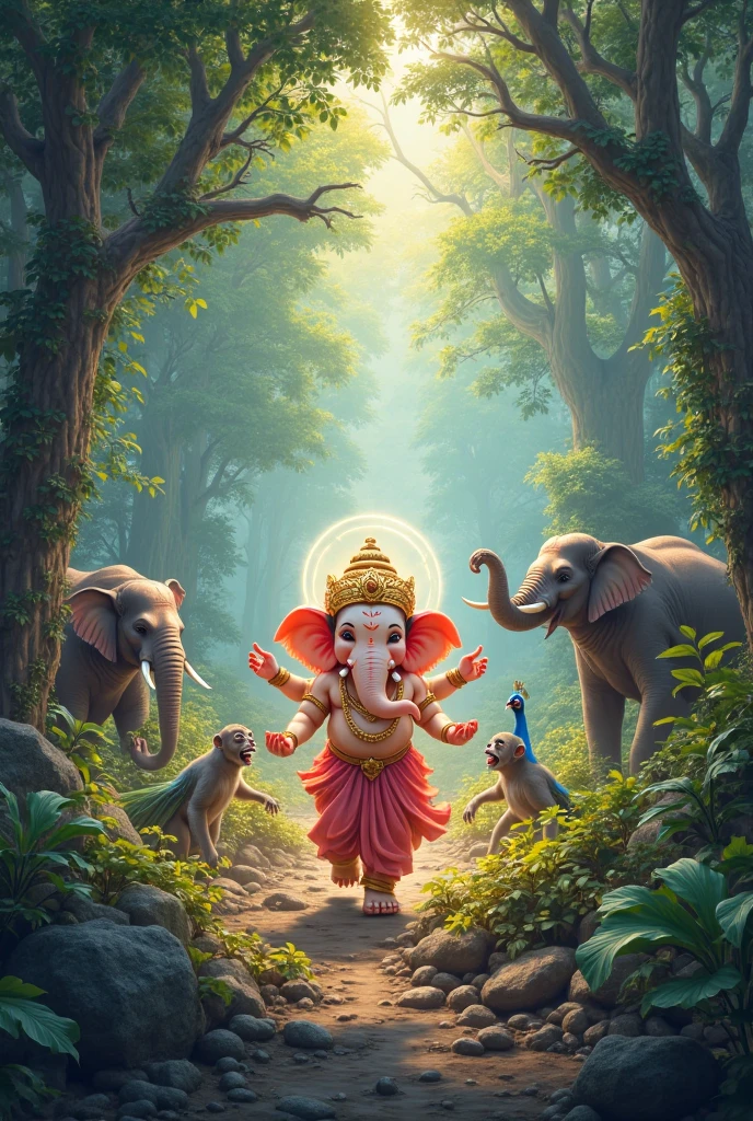 Lord ganesha running and coming out from water , forest background, lion and tiger animals 