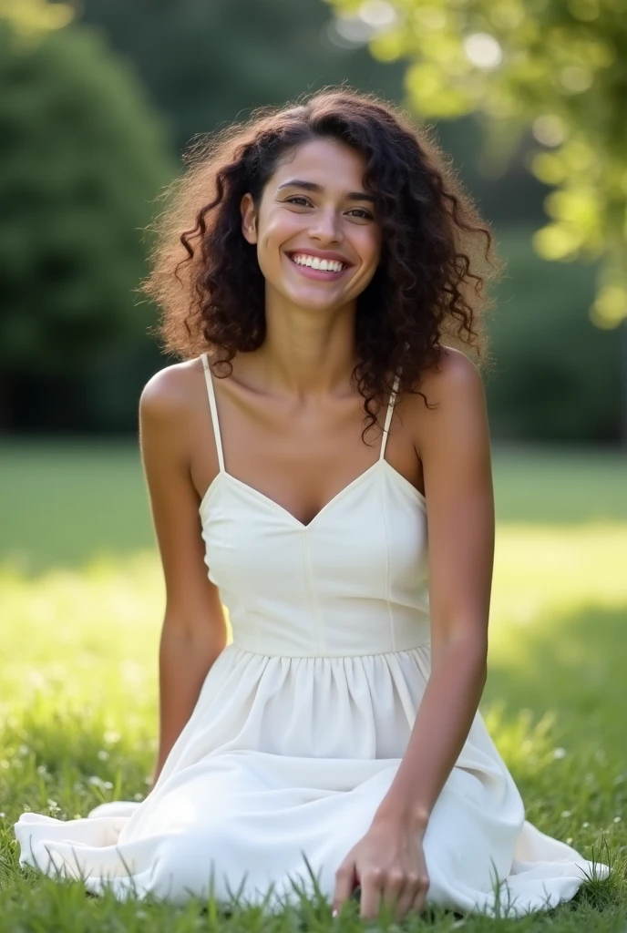 A brunette girl with curly hair and big breasts sits with her legs stretched out, taking a realistic photo