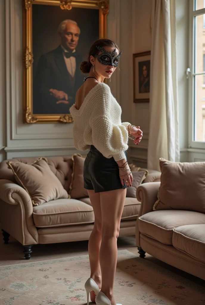 Femme cheveux ondulés long habillé en corset et une un pantalon debout regarde droit devant lumineux réaliste dans le balcon en verre 