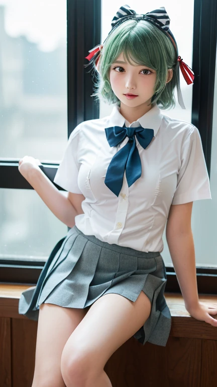 (((Shooting from directly below the front))), top-quality, ​masterpiece, Beautiful schoolgirl, Highly detailed face and skin texture, Detailed eyes, she is sitting on the bed with her legs apart, high school girls uniform, White blouses, Pleated skirt in black color, Multicolor Hair, Beautiful hair, watching at viewers, embarrassed red face, I can see the white see-through panties,Masterpiece portrait of a smiling Rei Ayanami (Evangelion), Caustics, High resolution illustration, Red Eyes, Feminine, no pupils, Blue hair, Short hair, Japan school uniform, lowfers, swpunk, Synth Wave, paint Splatters, shaded flat illustration, Digital Art, Trending on ArtStation, Highly detailed, Fine detail, Convoluted, Splatter, Outrun, Vaporware, neon color,small brest, sexy underwear,bra