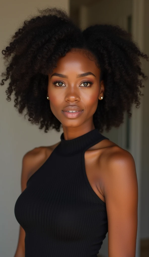 Curvy black girl in green dress with coily hair
Only face