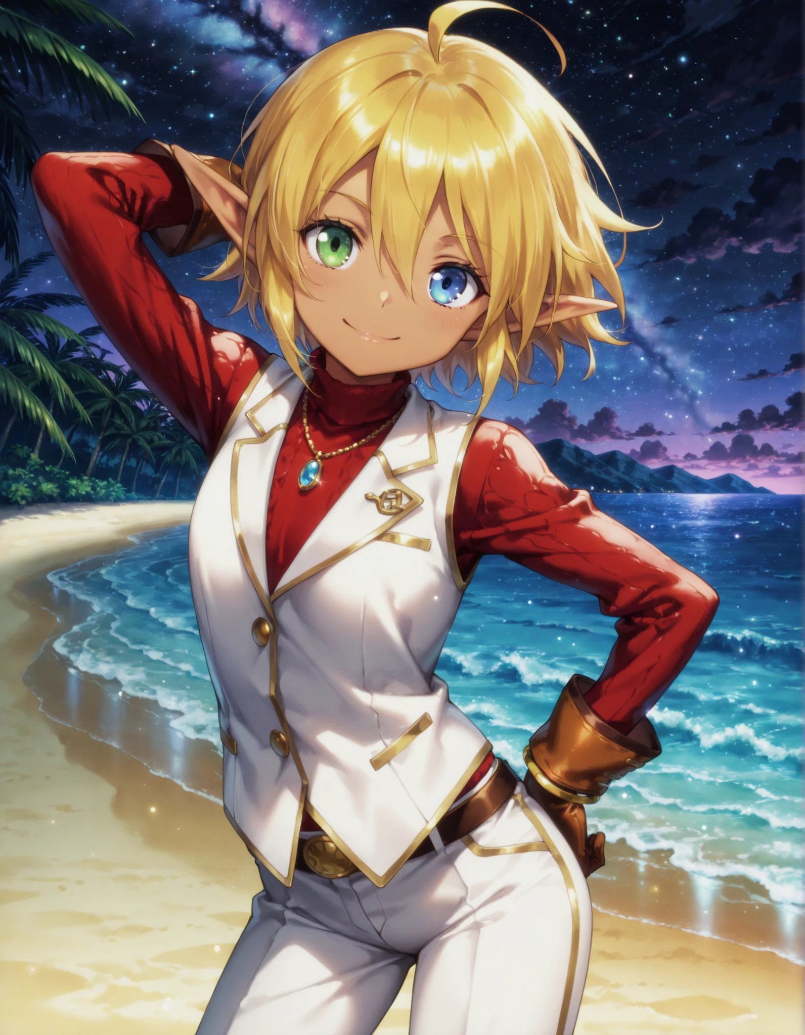 masterpiece, best quality, very aesthetic, 1girl,, solo, aura bella fiora, short hair, blue eyes, blonde hair, hair between eyes, green eyes, ahoge, pointy ears, dark skin, heterochromia, elf, dark elf, anime screencap, gloves, jewelry, necklace, vest, white vest, pants, white pants, shiny skin, high quality, night sky, beach, (hand behind head, hand on hip), ((contrapposto)), closed mouth, cowboy shot, looking at viewer, smile,