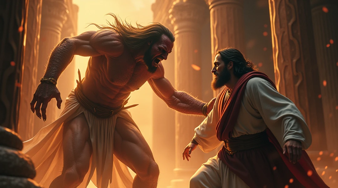Generate a T-shirt design, muscular jesus destroying satan