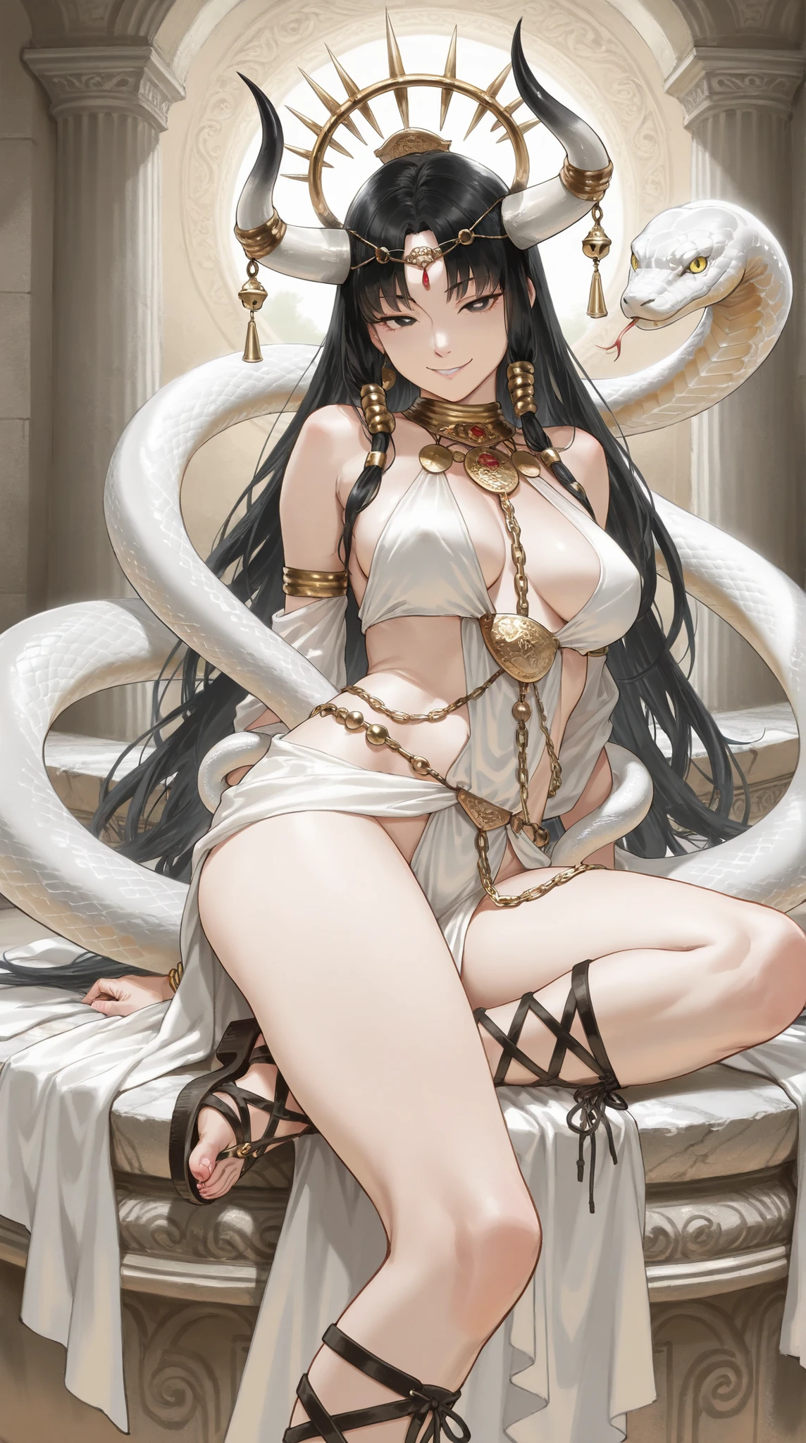 ((Highest Quality)) , (Ultra High Definition) , (Very detailed) , (detailed explanation) , (( best CG )) , (masterpiece) , Ultra Precise Art , Amazing Paintings , (art with precise details:1 . 5) , goddess, The Horn of the Ox, Enchanting Snake Eyes, Jewelry Chain Accessory, lace up sandals with small bells, Seductive smile, precise engraving , marble, Ancient Mythological Myths,