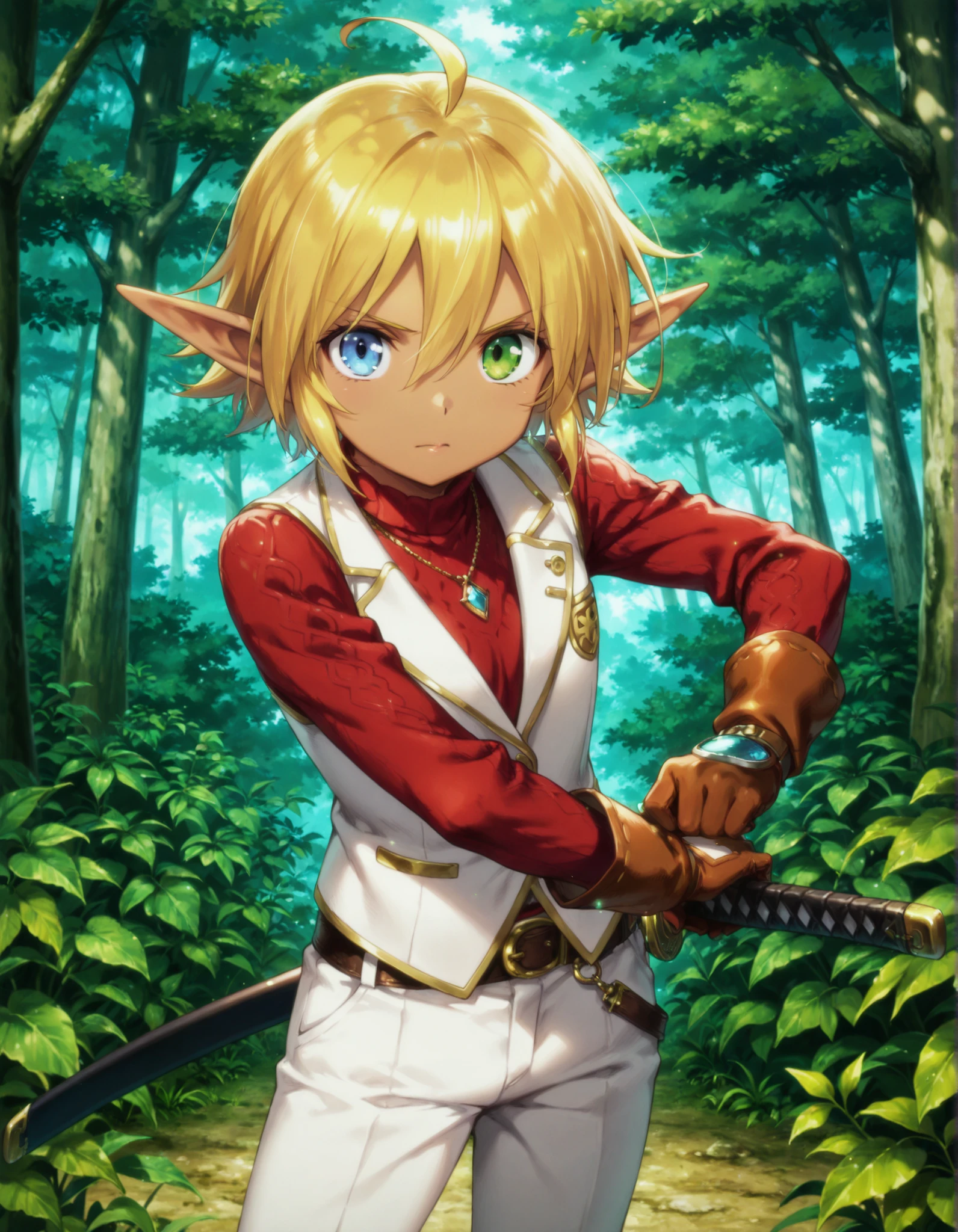 masterpiece, best quality, very aesthetic, 1girl,, solo, , aura bella fiora, short hair, blue eyes, blonde hair, hair between eyes, green eyes, ahoge, pointy ears, dark skin, heterochromia, elf, dark elf, anime screencap, gloves, jewelry, necklace, vest, white vest, pants, white pants,, battoujutsu stance, looking at viewer, holding, weapon, sword, holding weapon, holding sword, standing, katana, sheath, sheathed, fighting stance, ready to draw, forest, trees, foliage, wildlife, greenery, cowboy shot, solo, looking at viewer