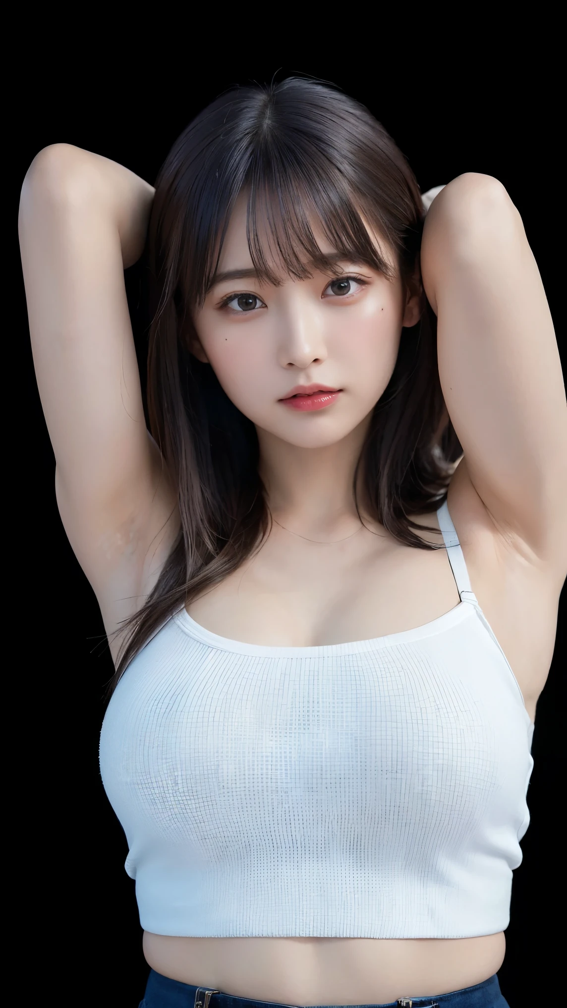 Tabletop, Super Detail, highest quality, High resolution,(whole body),Black Hair,Detailed face,Cute face , ((Anatomically correct)),, ((One Girl)), (alone), university student.white sundress,Huge breasts,Big Ass,((Show your armpits)),(Excessive sweating under the arms)