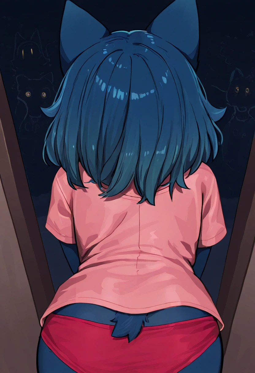 Ash Ketchum in a blue hood , tiny skirt i, pink thong( back)) againist brick wall