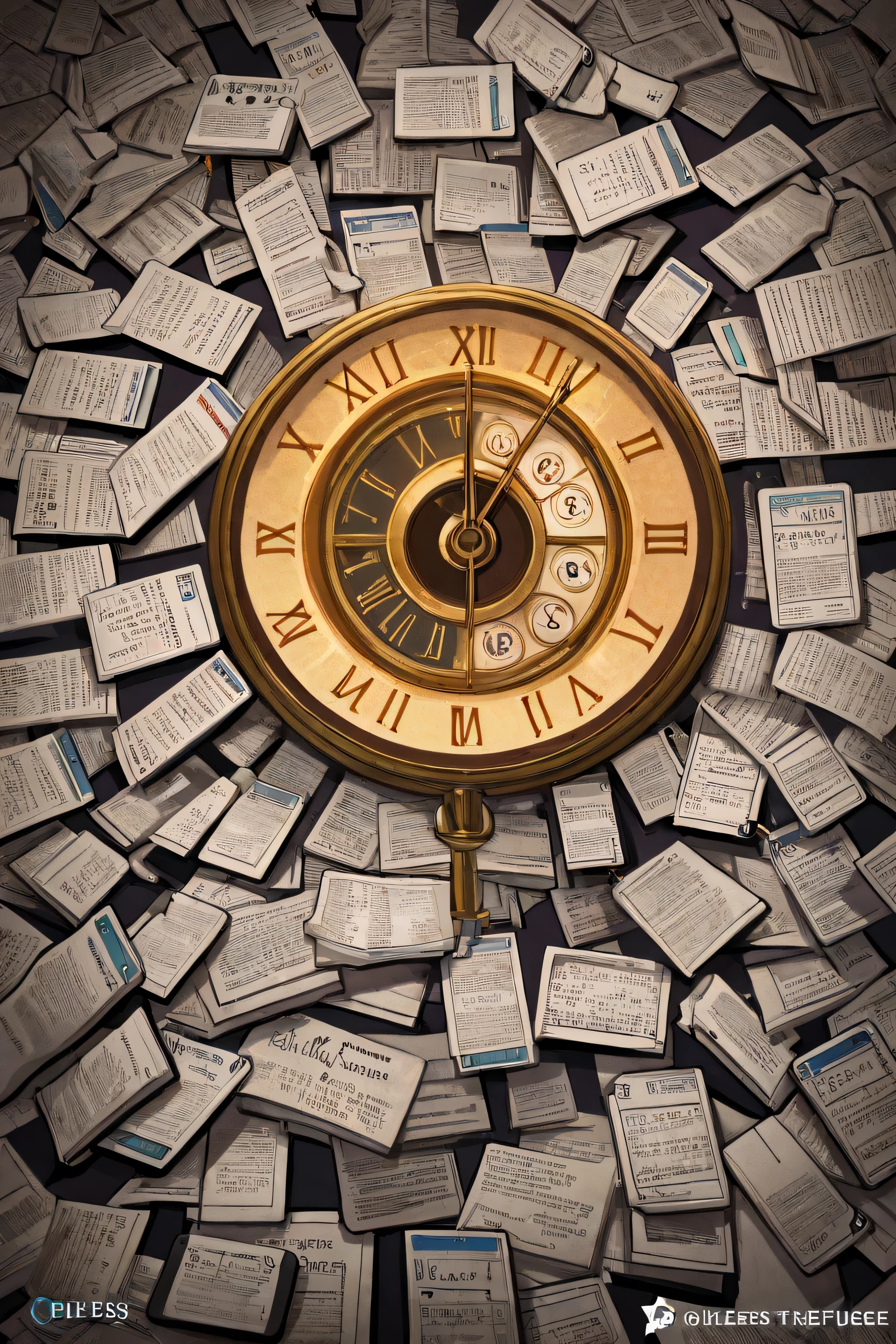 A black-and-white adult coloring page in dense collage-inspired pattern chaos style. The illustration is text-free, filled with intricate overlapping objects and textures. The chaotic scene includes: alarm clocks, melting wall clocks, whistling kettles with steam, ticking bombs with lit fuses, flying laptops, endless stacks of paper, tangled power cords, smartphones, tablets, overflowing inbox icons, scattered envelopes, digital notifications, and expressive human hands — reaching, typing, burning out. The entire page is tightly filled, with no empty space, designed for detailed, immersive coloring. Surreal and cluttered — a visual metaphor for pressure and modern overwhelm.