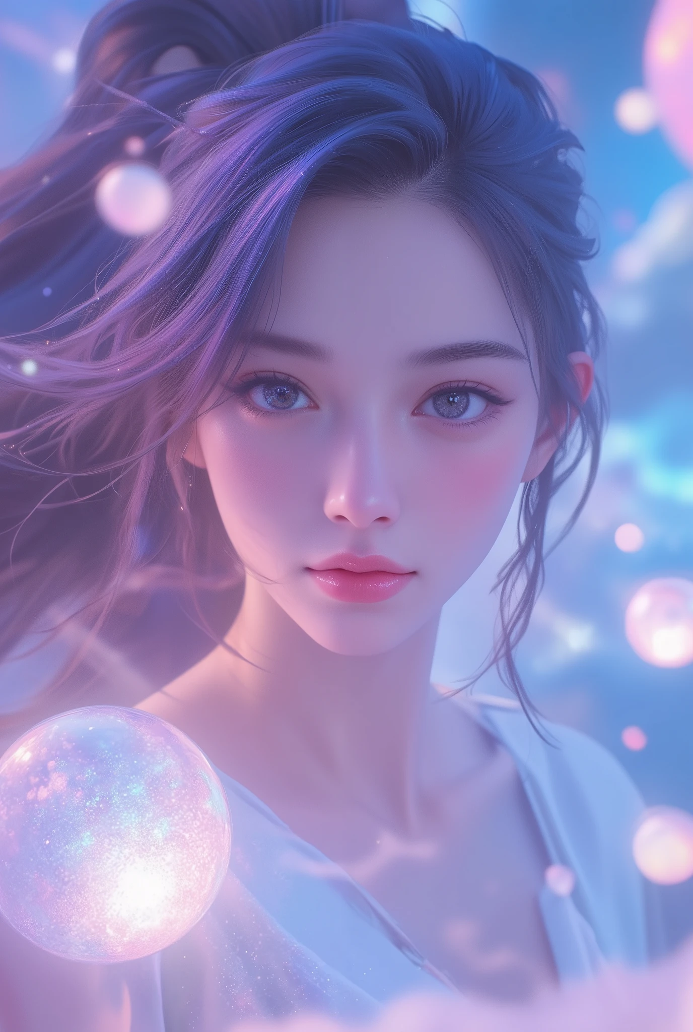 vaporwave, beautiful girl, universe, futurebeautiful vaporwave girl in cosmic universe, serene expression, flowing pastel hair, holographic skin, surrounded by glowing neon orbs, ambient vaporous atmosphere, cinematic lighting, 4K, photorealistic, digital art, vibrant colors, dramatic lighting, ethereal, surreal
