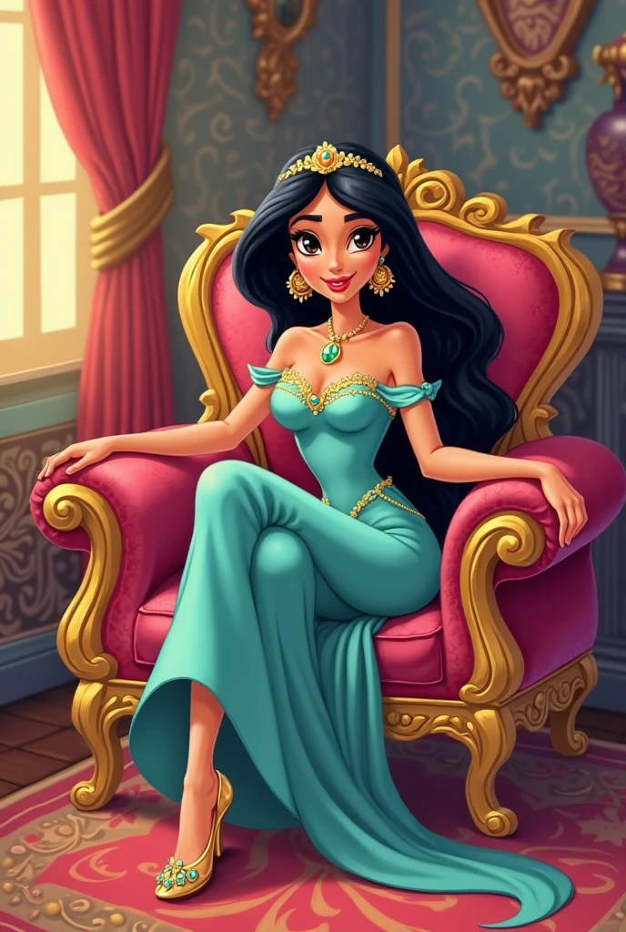 jasmine, long black hair, hairband, dark skin,earrings, red lipstick, bare shoulders, brown eyes, jewelry,blue bedlah crop top, blue harem pants, blue flats, looking at viewer, serious, evil grin, sitting, legs crossed, on throne, from_below, inside palace, soft lighting, high quality, masterpiece, <lora:princess_jasmine:.7>