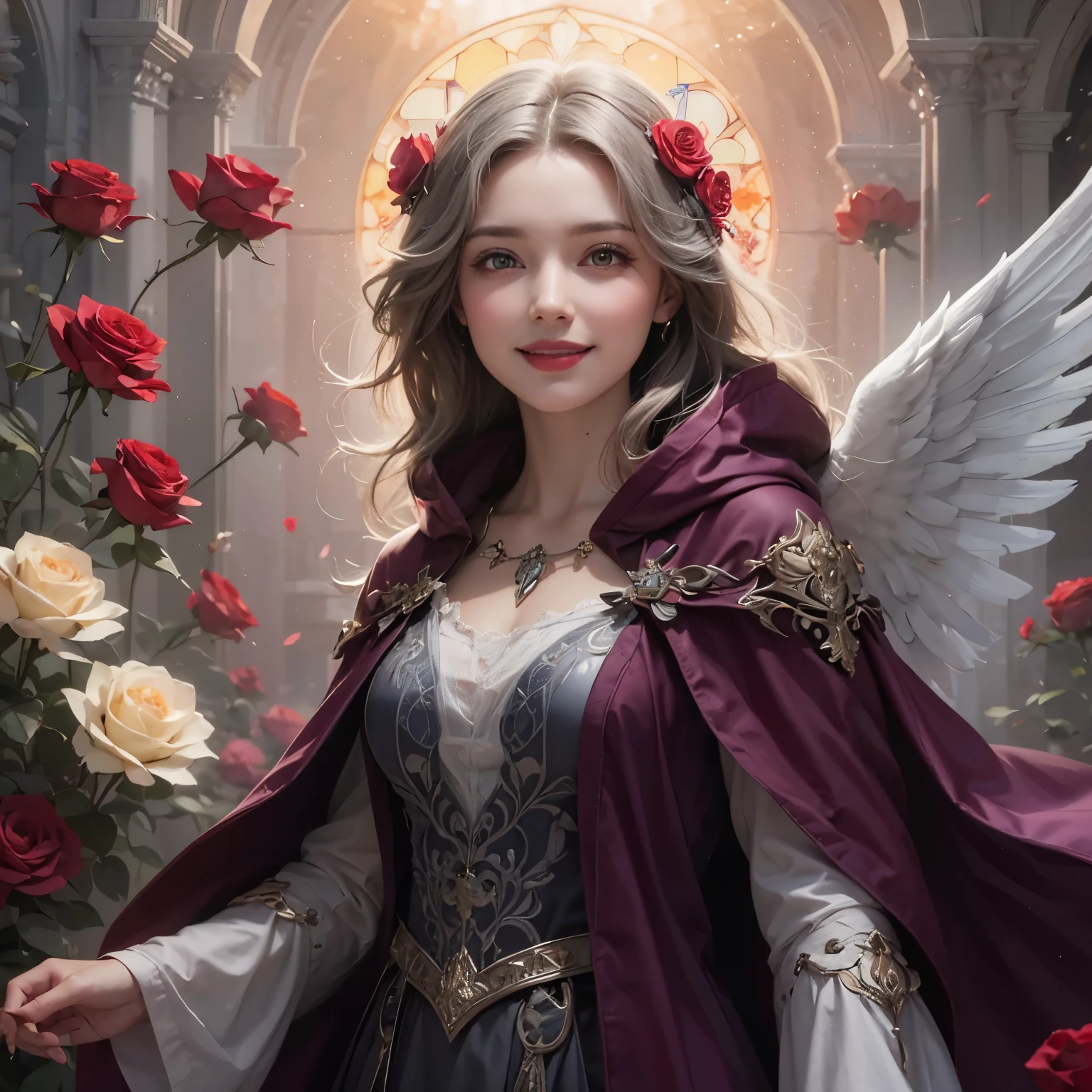 Standing in front of stained glass, she is a female angel with a cute smile, and she is in a world of light holding roses in a reddish-purple cloak and gray and white gothic decorations