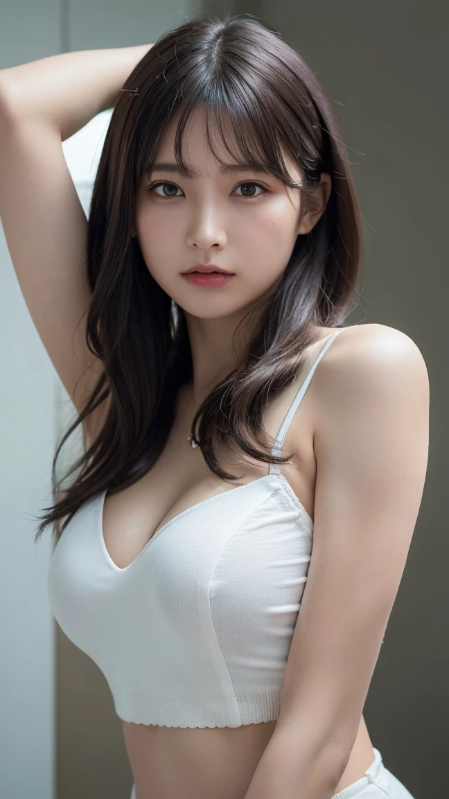 ((highest quality, 8k, masterpiece:1.3)), sharp:1.2, Beautiful woman with perfect figure:1.4, Slim Abs:1.2, ((Layered Hairstyles, Slightly larger:1.2)),Highly detailed face and skin texture,Detailed eyes,double eyelid,Brown long hair、See-through bangs、Brown Eyes、Glancing sideways at the camera,Open shirt,belly button,belly buttonを露出させる,cover your chest with your hands,Place your hand on your chest