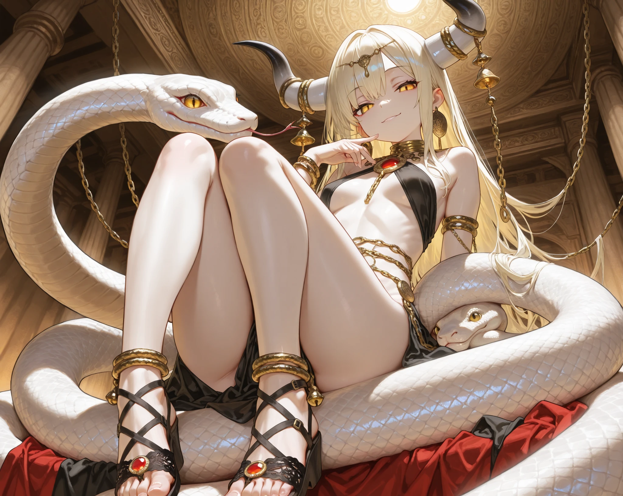lamia, full body, masterpiece, best quality, 1snake,snake, unparalleled masterpiece, ultra-realistic 8k CG, perfect artwork, ((perfect female figure)), long white hair, red eyes, mature woman, ((human snake tail with snake scales)), golden tiara, lying on your side, facing the camera