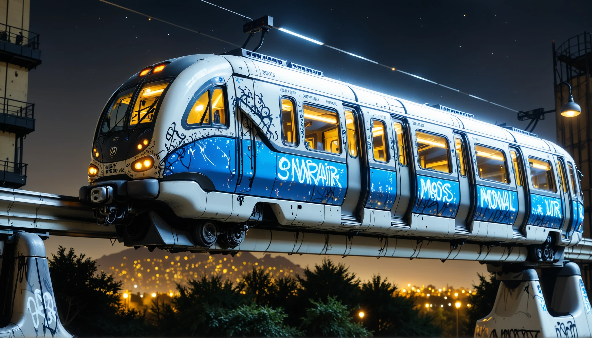 graffiti‑scrawled monorail car under flickering light