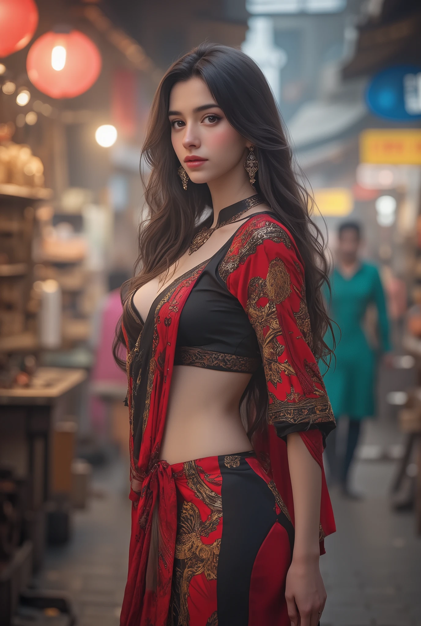 Beautiful Indian Women Kurti Leggings Tulidar Tight Market Hot Flying Kurti, stunning leggings, Red Side Slit Open Kurti,big breasts,big butt, huge butt between collarbones,beautiful face, Celebrity Faces,full body image,Side View Fine Grain, Detailed Faces, (film grain:1.1),(accentuate your body line:1.1), high resolution, natural appearance, kind eyes , Improves hair quality, Subtle light and dark, Transparent muscles, graceful posture, Beautiful Eyes, sharp details, soft light reflection, beautiful outline, Delicate skin tones, Thin hair type,Cute Japanese Woman Pictures,
