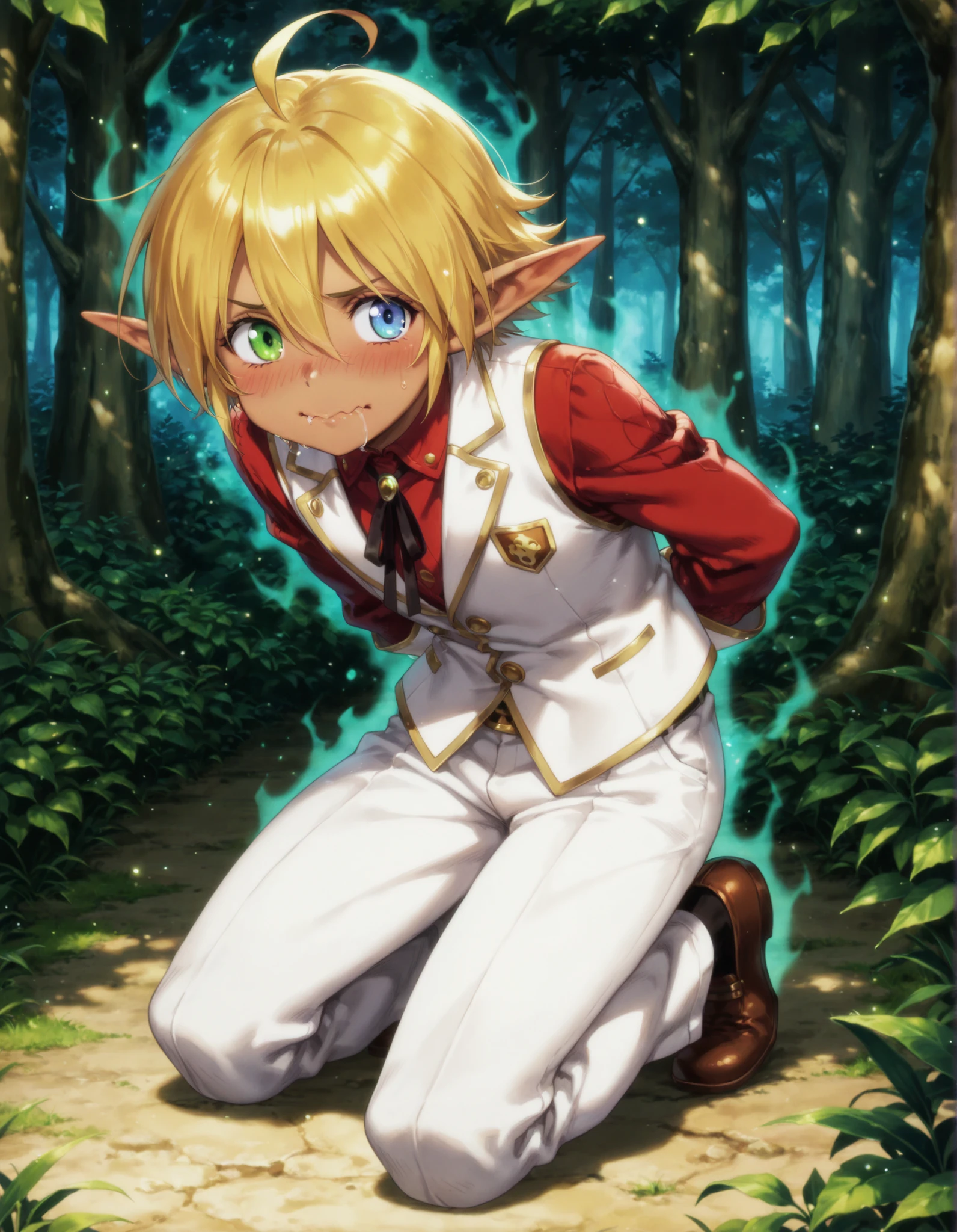 anime, solo, aura bella fiora, short hair, blue eyes, blonde hair, hair between eyes, green eyes, ahoge, pointy ears, dark skin, heterochromia, elf, dark elf, anime screencap,, red shirt, white vest, full body, embarrassed, hand covreing eyes, mouth closed, wavy mouth, drooling, horny, hands behind body, realistic,