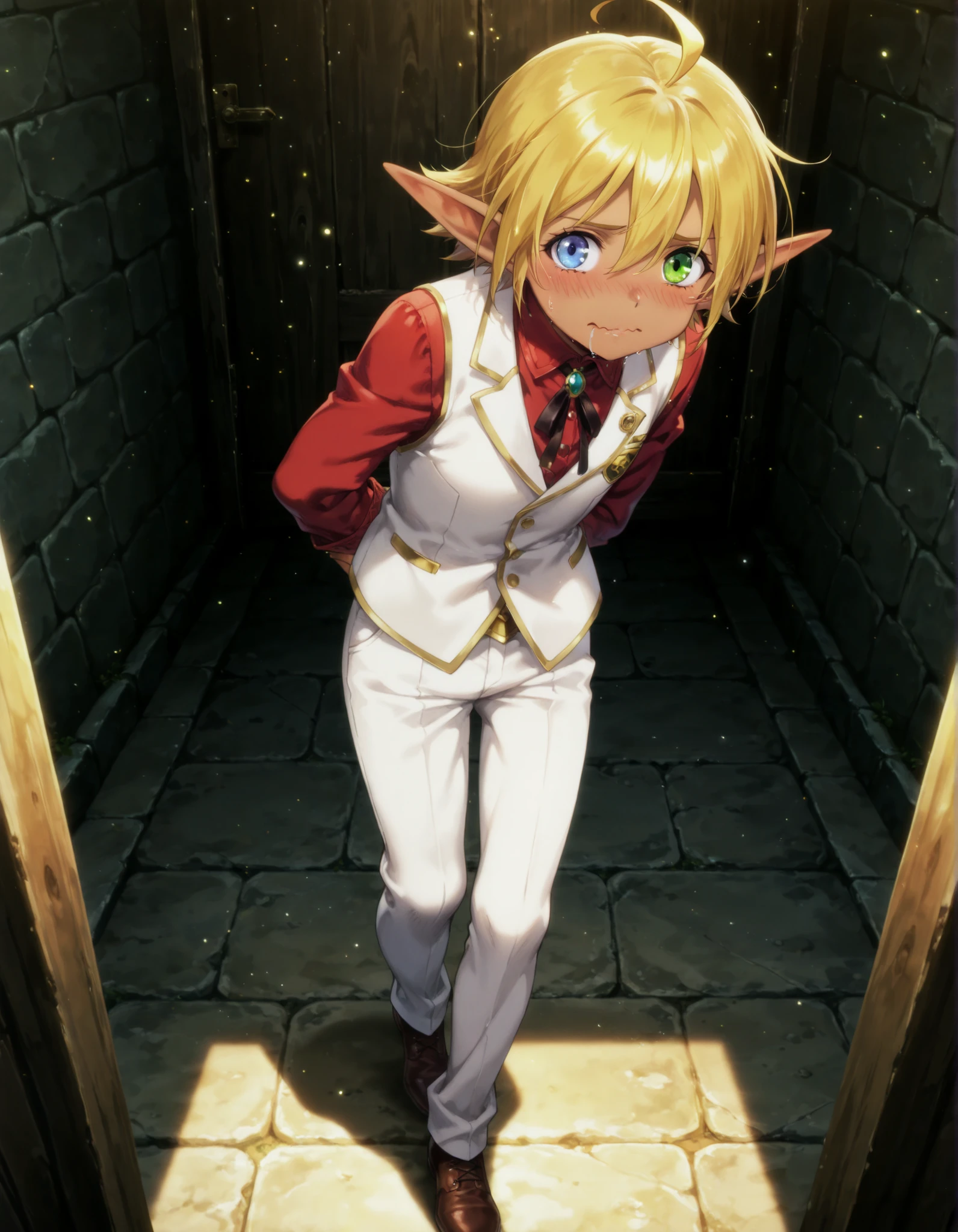 anime, solo, aura bella fiora, short hair, blue eyes, blonde hair, hair between eyes, green eyes, ahoge, pointy ears, dark skin, heterochromia, elf, dark elf, anime screencap,, red shirt, white vest, full body, embarrassed, hand covreing eyes, mouth closed, wavy mouth, drooling, horny, hands behind body, realistic,