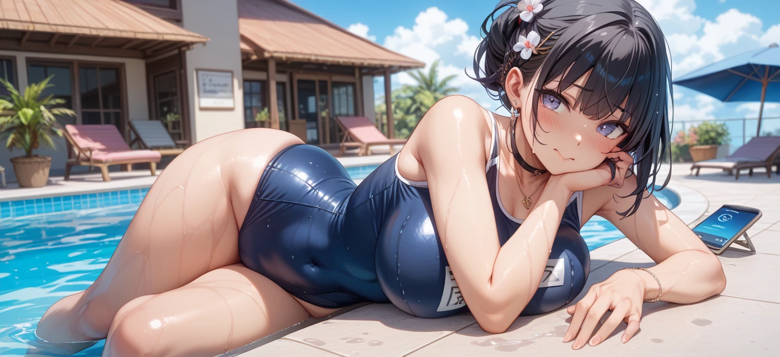 (4K,masterpiece,Highest quality,Super detailed),(From below,From behind,From the back:1.2),(Leaning forward,Stick your butt out,Hip close-up),(Pussy close up:1.3),Recall,(Dawn),(alone),(Full page of beautiful woman), Japanese,1,dark blue hair,ponytail,long hair,blunt bangs, dark blue eyes,heart shaped pupils,[[pale skin]],Glowing Skin, (Huge breasts:1.3), HH-sized breasts,beautiful breasts,long nipples,erect nipples,[Big Ass],beautiful ass,ahegao,Embarrassed,sweat,Wet,arms behind head,squatting,open legs,A light smile,shy,(Wet one piece competitive swimsuit),(Poolside),