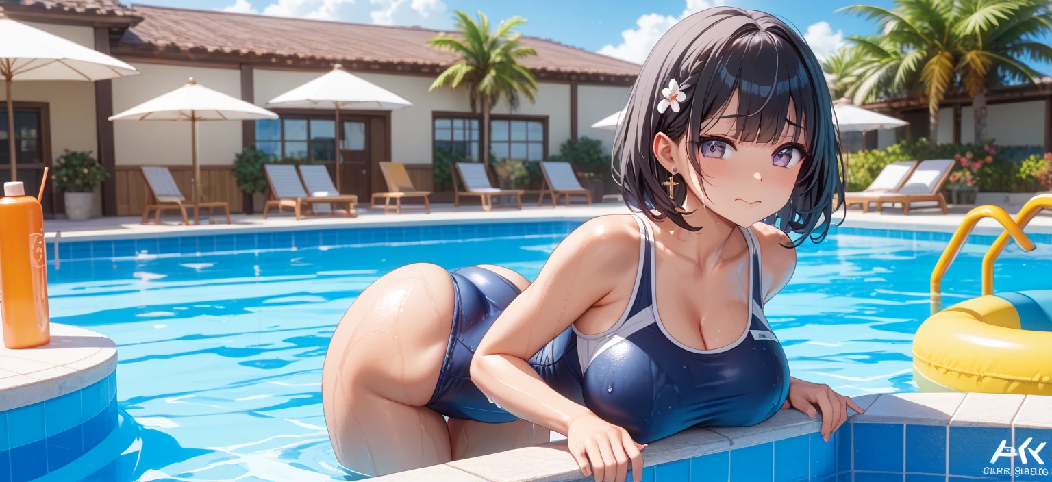 3 girls High level image quality best image quality 8K adult woman pool party rain palm trees more colors whole body view portrait bikini horn ears short hair((shortcut)(gray hair)(perm)(fluffy)) eye color is blue , , attractive evil face , smile , sexy pose , labrynth , barearm , , standing view from behind by the pool , crossed legs , all wet , wet hair