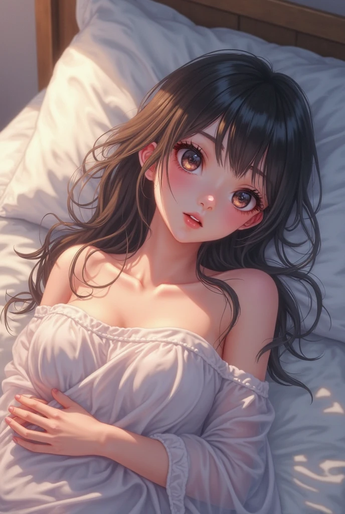natta、laying down on the bed、Beautuful Women、Super super huge big、see -through、getting wet