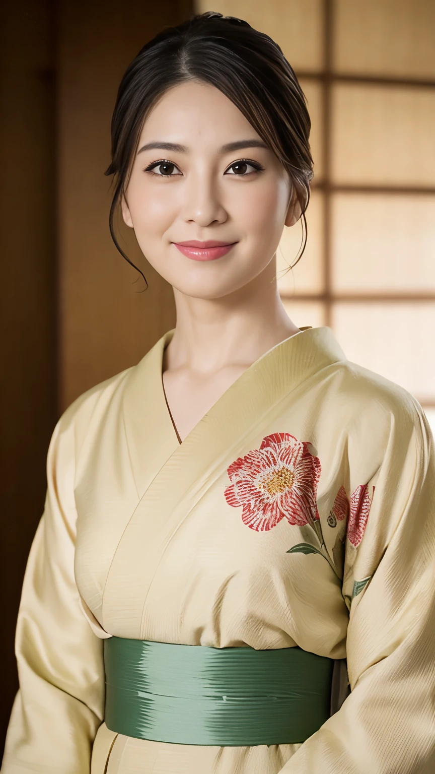 ( Highest Quality,8k,masterpiece),#        ディルドを詰めたbeautiful熟女       ,　((calm５８ year-old woman、
Portrait of a Mature Woman)),Well deep,((beautiful顔)),
      very pretty face      ,      lip gloss,
Big Breasts,    object、 kimono、beautiful、full bodyを映して,　、(beautiful顔),random hairstyle、front view , ((full body, Stand on tatami), 日本の古代の48歳のbeautiful女性, staring at viewers, beautiful日本の若い将軍,　I'm 48 years old, (very detailed face, black hair ,brown eyes, mottled eyes, Fuller lips, small lips, small smile), (Middle-aged chest, Middle Hip), (日本のobject, Floral), Standing in a Japanese palace,  near a garden , sunset ,(masterpiece, Highest Quality, masterpiece, God-like quality, Sacred art, , very real)