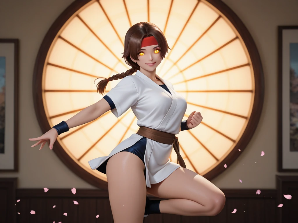 Akane Tendo, (Ranma 1/2), sexy girl, poderosa, traje de karate color blanco, cinta negra en la cabeza, YOUNG, skynny body, small and beautiful buttocks, toned abdomen, small and beautiful breasts, obscene, sensual, esta en el dojo de artes marciales, dramatic background, pose de batalla, sensual look, cuerpo completo, beautiful brown eyes, classic hairstyle,Hair dyed in bright blue color, best quality,4k,8k,A high resolution,masterpiece,ultra detailed,Realistic, Photorealistic,photo realistic