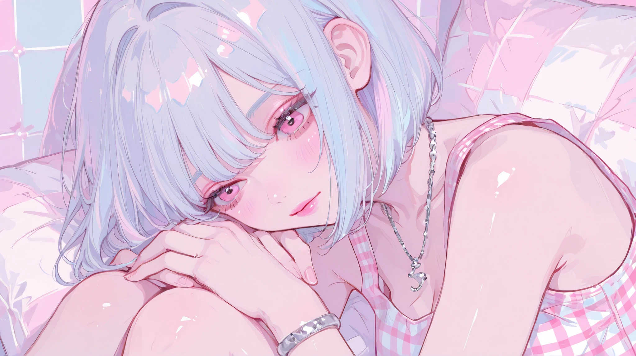 Pastel colors, one girl, gingham check tank top, cute pink eyes, pink lips, top quality, silver bracelet, silver necklace, light blue hair (bob), facing us,