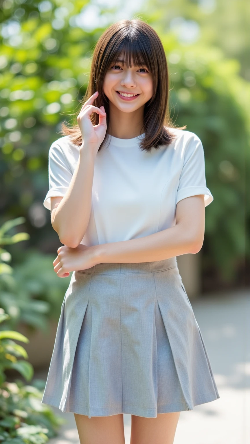 (perfect Ratio Face, Balanced eyes), double eyelid,japanese,18yr,round face, Beautiful nasal muscles lipgloss,Balanced style,shorthair with bangs,smile,dressshirt,pleated skirt,pubic hair.in the park