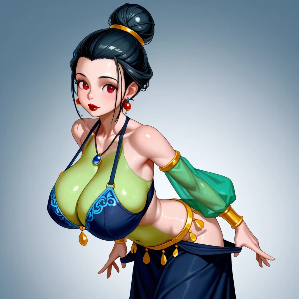 1 girl, 16 years old, teenager, Chinese, sexy, round voluptuous boobs, smiling, black hair, hair bun, huge round pregnant belly, sexy tight blue dress, waist, model, upper body view