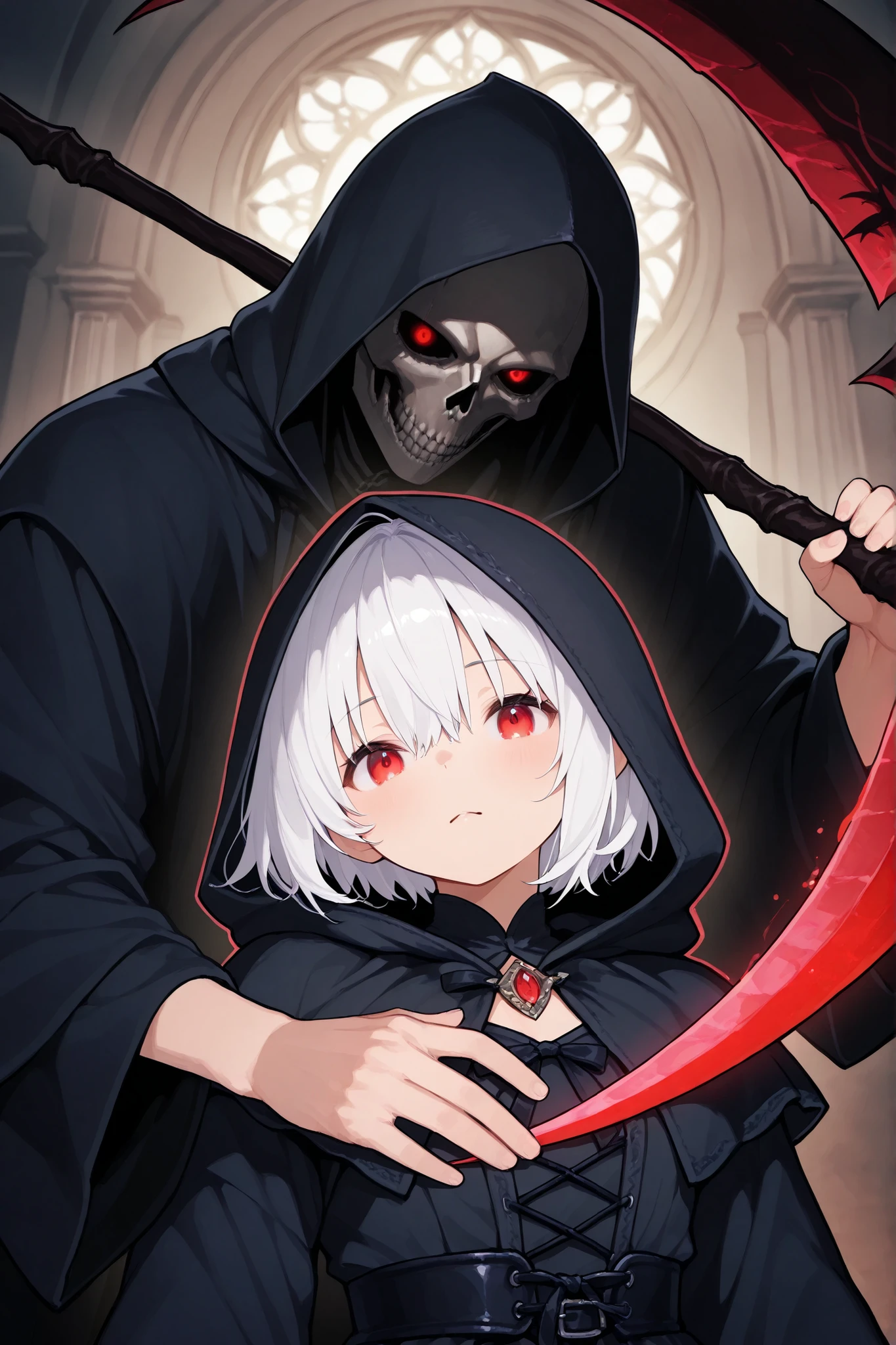 A warm touch of painting、fantasy world、 medieval attire、Grim Reaper Girl、black hood、black robe、white hair、short hair、red eyes、turime、Grim Reaper's Scythe、Souls are floating around