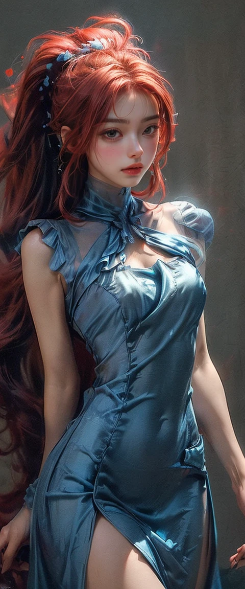 beautiful girl, tanned skin, blue eyes, wearing a red spaghetti strap nightgown, (best quality,4k,8k,highres,masterpiece:1.2),ultra-detailed,(realistic,photorealistic,photo-realistic:1.37),detailed face, detailed eyes, detailed lips, delicate facial features, long eyelashes, soft lighting, warm color tones, cinematic lighting, intricate details, high quality painting, vibrant colors, dramatic lighting, dramatic pose, dreamlike atmosphere