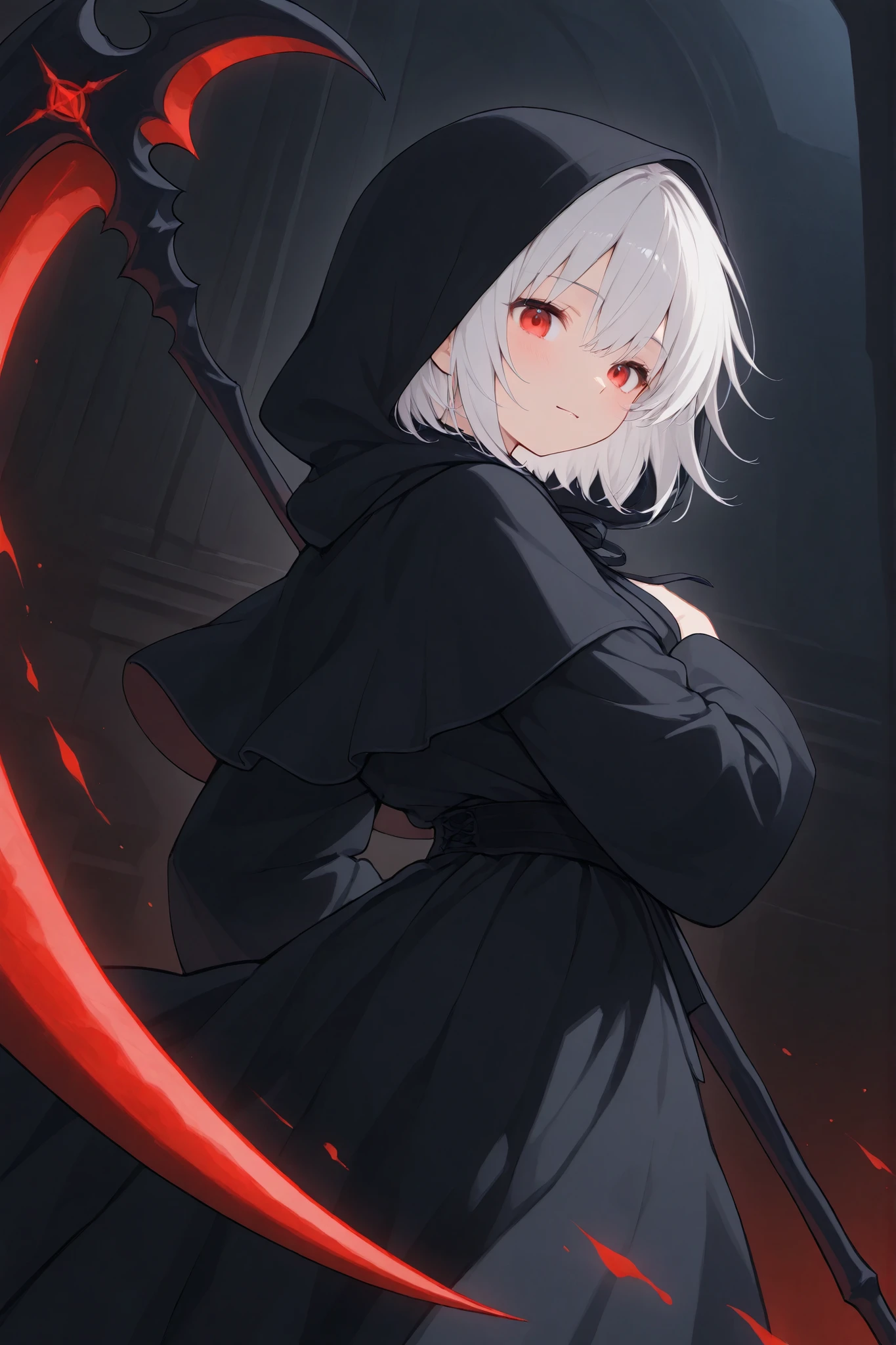 A warm touch of painting、fantasy world、 medieval attire、Grim Reaper Girl、black hood、black robe、white hair、short hair、red eyes、turime、Grim Reaper&#39;s Scythe、Souls are floating around