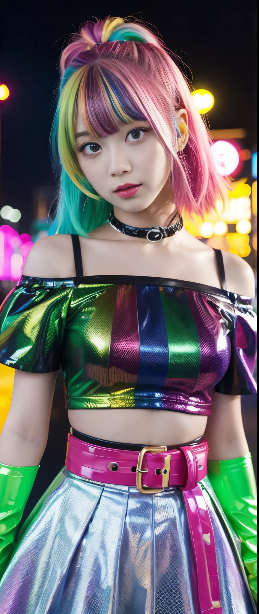 Fancy Idol Girl (colorful rainbow hair)、A pure girl's face、 hypo、fluorescent green off-the-shoulder shirt、rainbow Latex Tight keleton Belt、 fishnet、Glowing Punk Town