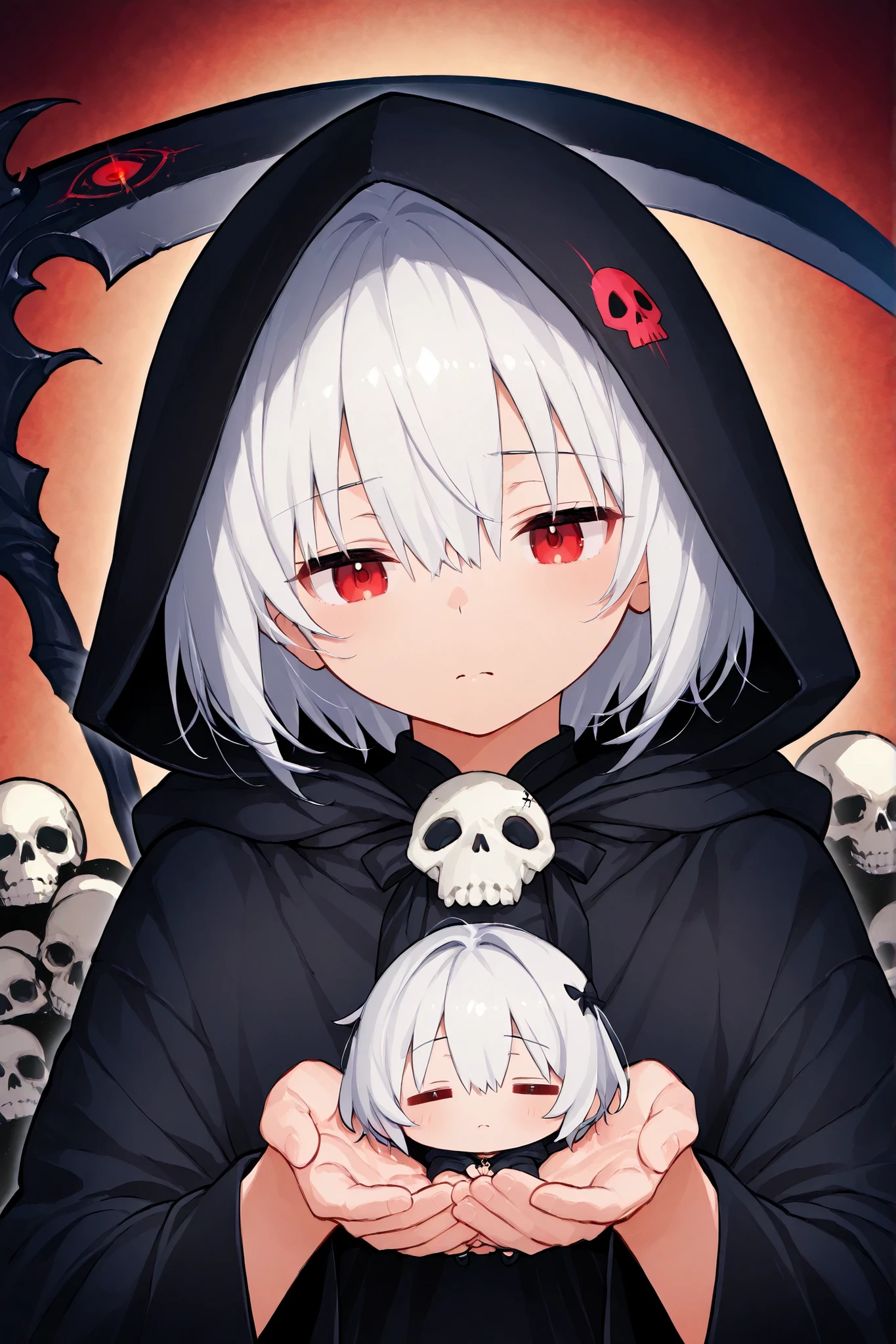 A warm touch of painting、chibi,fantasy world、 medieval attire、Grim Reaper Girl、black hood、black robe、white hair、short hair、red eyes、turime、Grim Reaper's Scythe、Souls are floating around、sad expression、Skull mark、=_=、Chibi Skull