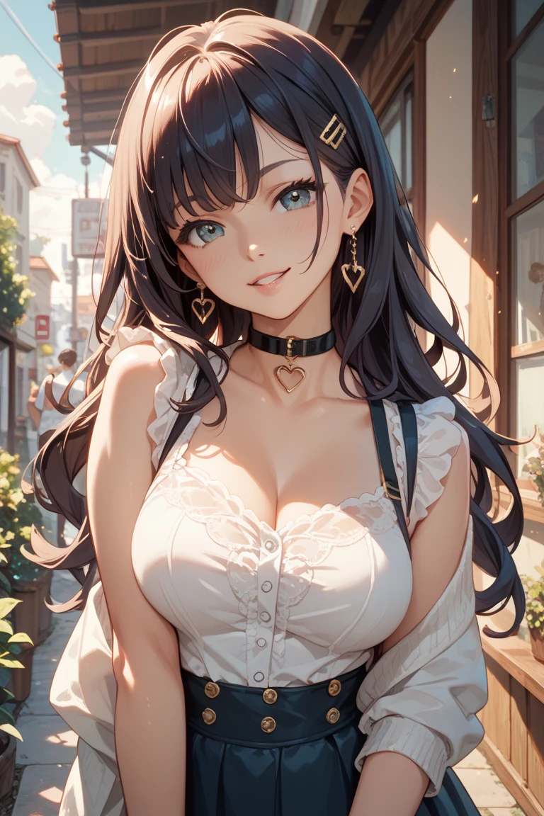 (Top Quality, High Resolution, Masterpiece, 4K), (soft light, shiny hair, beautiful eyes), young woman, full body view, lovely smile, ((long wavy hair, bangs, light colored hair)), ((greedy eyes, gray eyes, perfect eyes)), ((detailed face, blush:1.1)), (( Smooth texture:0.75, Realistic texture:0.65, Realistic:1.1, Animated CG style)), Large breasts, cleavage, seductive body, (sexy top, tight skirt, attractive thighs visible), Pretty necklace, cute earrings, coming down big stairs in park, tree-lined street walking down a tree-lined street, strong sunlight, hand in own hair, showing chest with smiling , from above++, holding sunglasses in mouth, gesture of hair tied back with both hands.