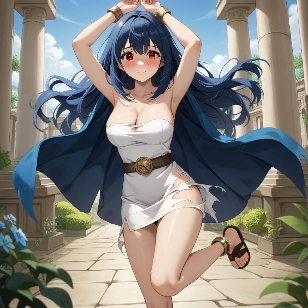 (masterpiece, best quality, detailed), 1girl, solo, ookubo_kumi, brown eyes, blue hair, drill hair, hair ribbon, ponytail, looking at viewer,
<lora:GreekClothes:1>, greek clothes, peplos, laurel crown, armlet, see-through, arch, pillar, column, architecture, overgrown, vines, blue sky, wedding, arms behind head, smile, parted lips