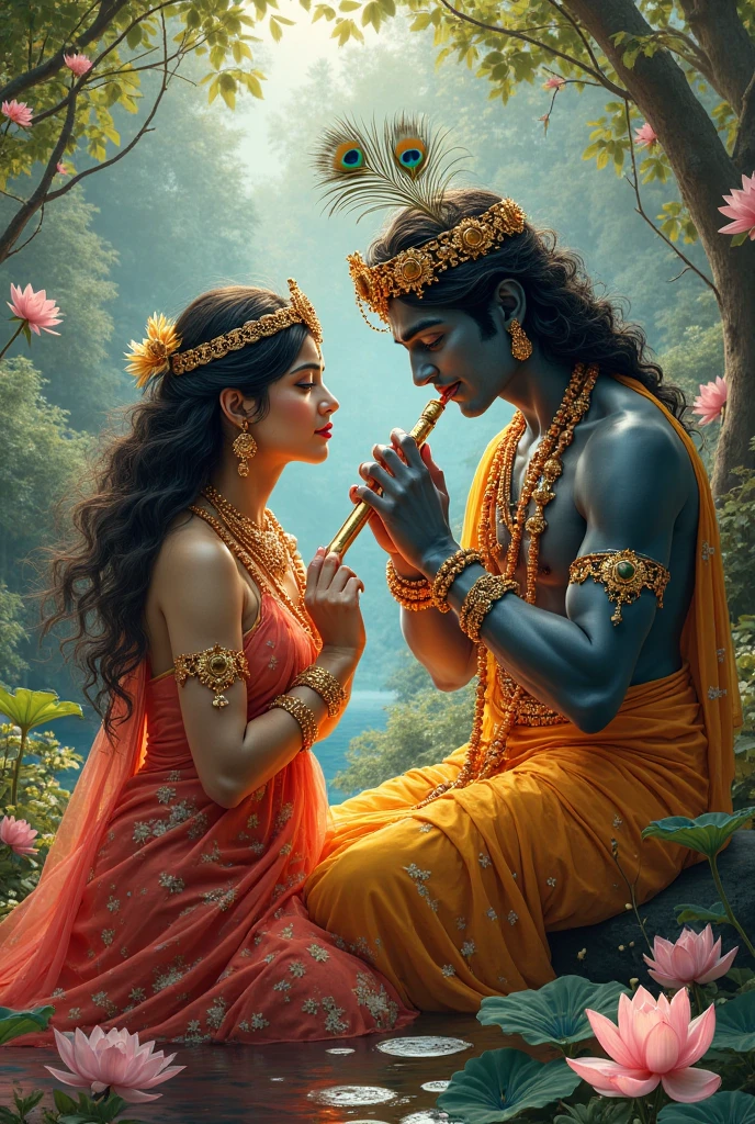 मेरे लिए राधा कृष्ण का एक चित्र बनाओ जिसमें कृष्ण बैठकर बांसुरी बजा रहे हों और राधा भी उनके साथ बैठकर उनके कंधों पर अपना सिर रखकर बांसुरी की धुन में लीन हो रही हों। और मैं भी पास मैं बैठा होऊं मैं एक 22 साल का लड़का हूं 