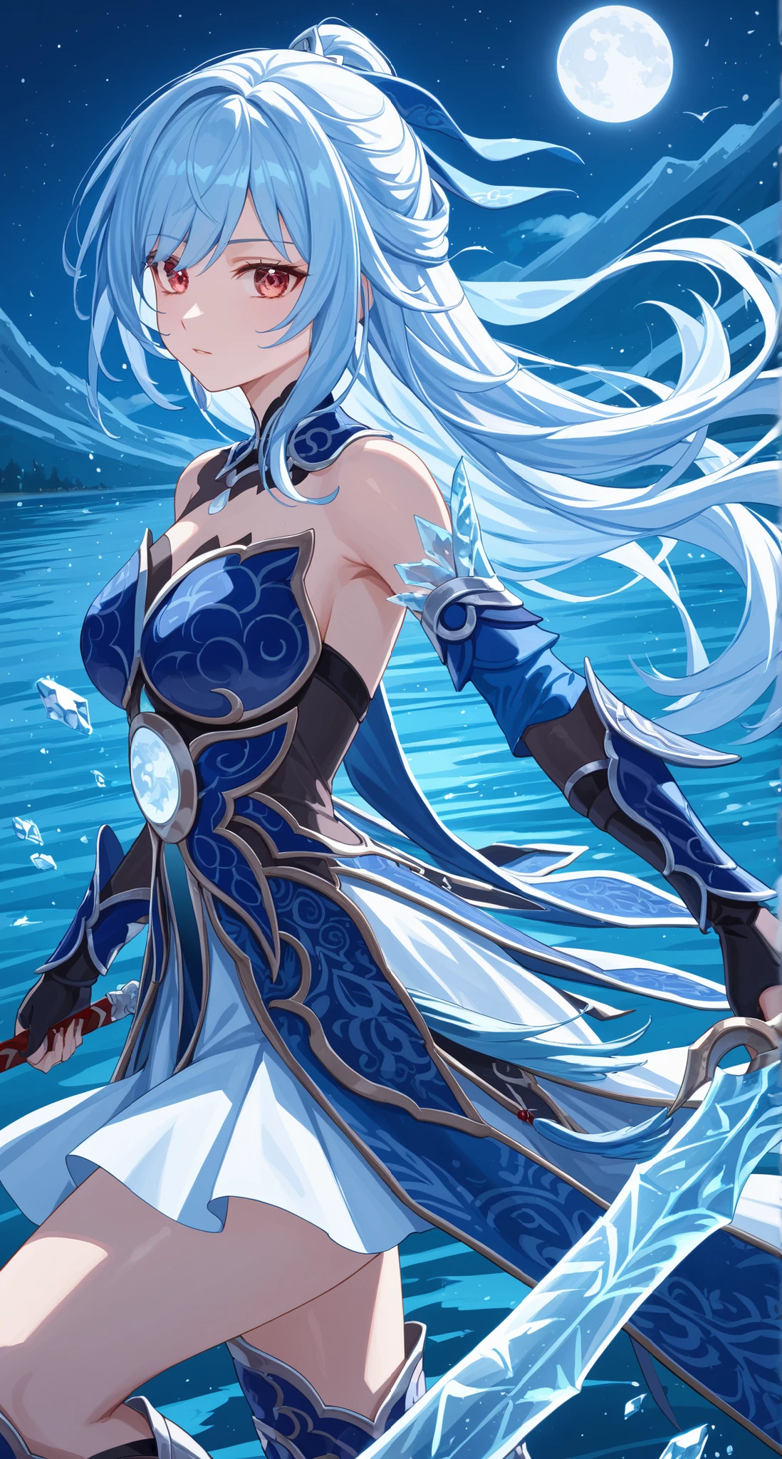 nsfw,Jingliu,glass cover,side shot,alternate color,masterpiece,detailed illustration,lifelike,{{{1Jingliu}}},shiny beautiful woman,cinematic lighting,dynamic angle,dynamic pose,depth of field,looking at viewer,1girl,jgsd,red eyes,blue armored dress,white skirt,tassels,hair ribbon,black gloves,blue sleeves,armored boots,light blue skirt,frozen lake,night,full moon,battoujutsu stance,ice large sword,expressionless