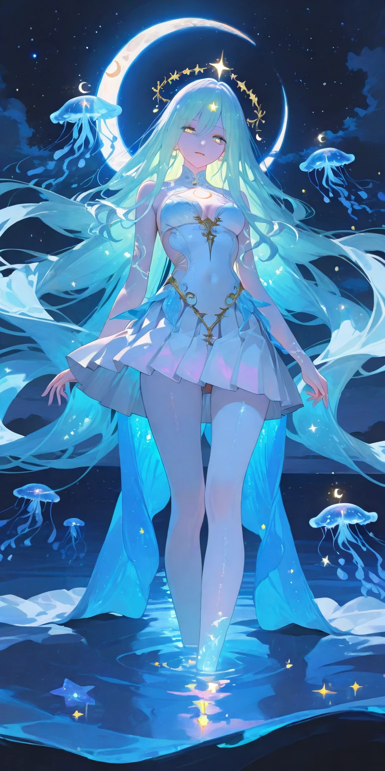 (Same character, front, side, back), (full body); 3d; cute; 3d toy art; toy art; anime style; glitter; horoscope sign Aquarius color ligh blue; Water Bearer details; ♒ symbol; aquamarine stone;