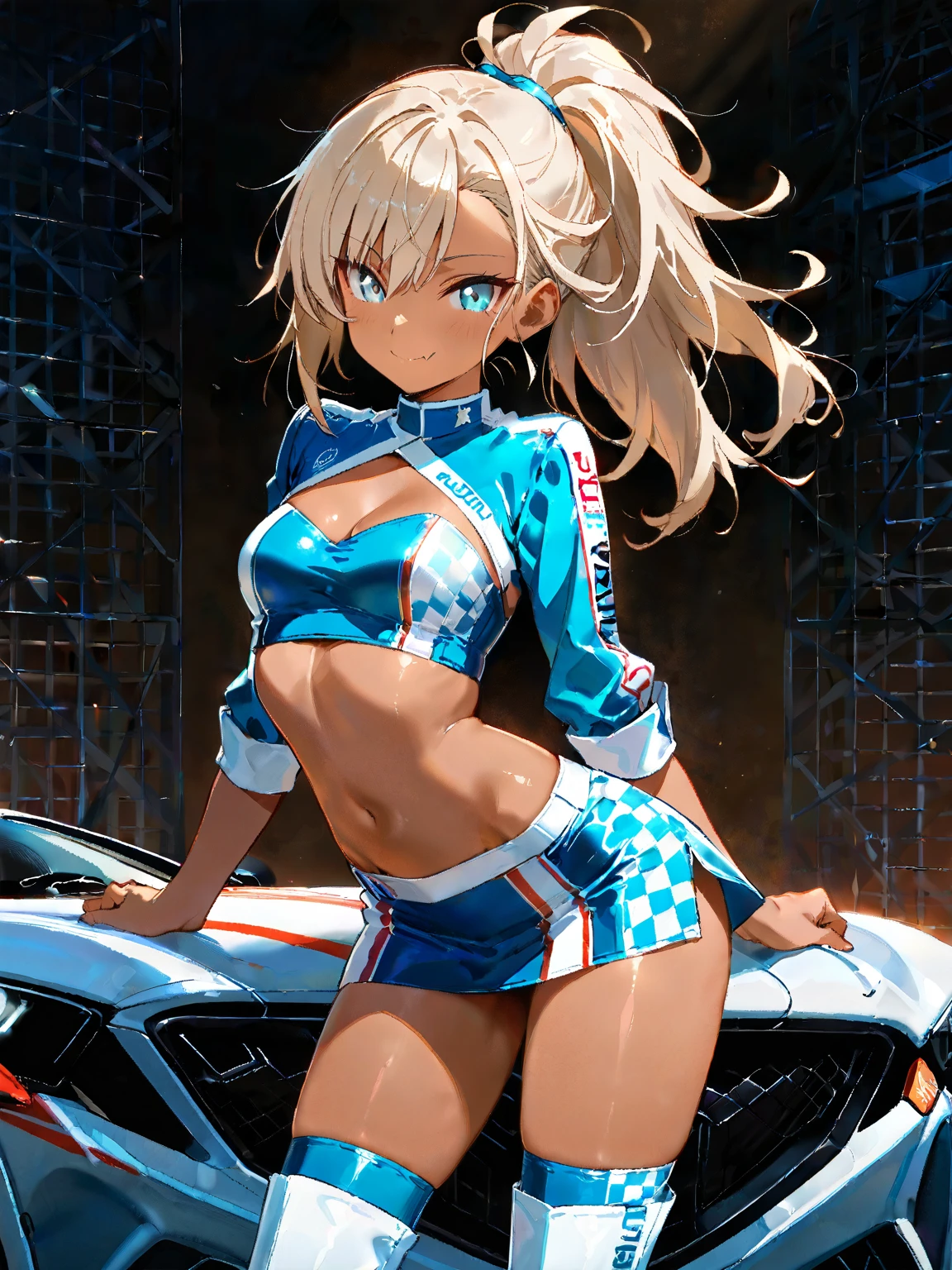(highest quality:1.2, Very detailed, up to date, Vibrant, Ultra-high resolution, High Contrast, masterpiece:1.2, highest quality, Best aesthetics), Portraiture、girl、singer、Bright colors、Beautiful fine details、Beautiful lip detail、(medium wave hair:1)、(red and white hair:1.5) ((streaked hair:1.7)), highlights hair: 1.5, red eyes, slim body, medium breast, (tan skin:1.1), (Floral Fineline tattoo design on left arm:0.8),smile, Resolute expression, (hair band)、Monte Carlo Street Circuit, Racing Car, Promotional Girl, The promotional costumes are exquisitely worn, with attention to detail, Lace-up boots, Leotard, ((crop top navel, sideboob, under boob:1)), Knee-length, Promotional wear with logo, Red and white glitter promotional wear, sunshine, daytime, Race queen, FI circuit, background (FI car:1), Race Queen Costume, (standing:1), cowboy shot,