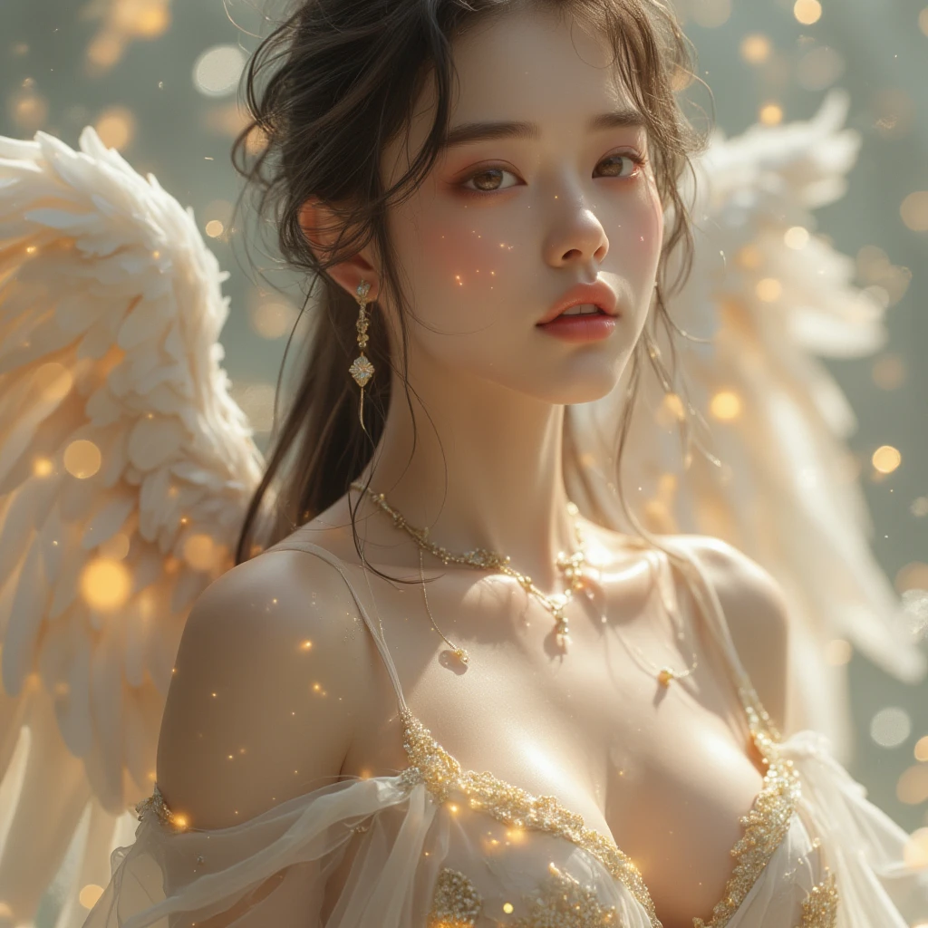A woman in a risqué angel costume, comfortably seated on a cloud amidst the sunset. She gazes into the camera, her radiant smile lighting up her face. The overall lighting is soft and warm, complementing her beauty. (solo), (angel costume: 1.5), (cloud: 1.3), (sunset: 1.4), (gazing direct at the camera: 1.2), (warm lighting: 1.3), (erotic adventure: 1.4), (fantasy world: 1.5).