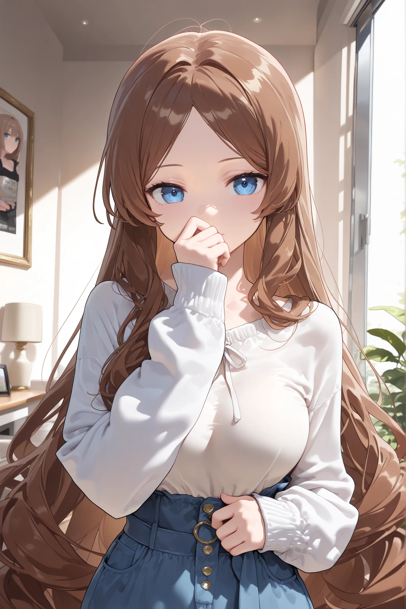 1girl, very long brown hair, long silky hair, hair strands over face, no bangs, light lifeless blue eyes, casual clothes, solemn soft expression (masterpiece:1.2), (best quality:1.2), (very aesthetic:1.2), (absurdres:1.2), (detailed background), newest, perfect anatomy, direct lighting