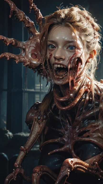 Ultra-realistic, alien and beautiful woman fierce battle, beauty fight to death, bleeding heavily, red internal organs and brain are exposed from the head, female body is eaten by aliens, high image quality, 8k, 32k, f1.8, cruel