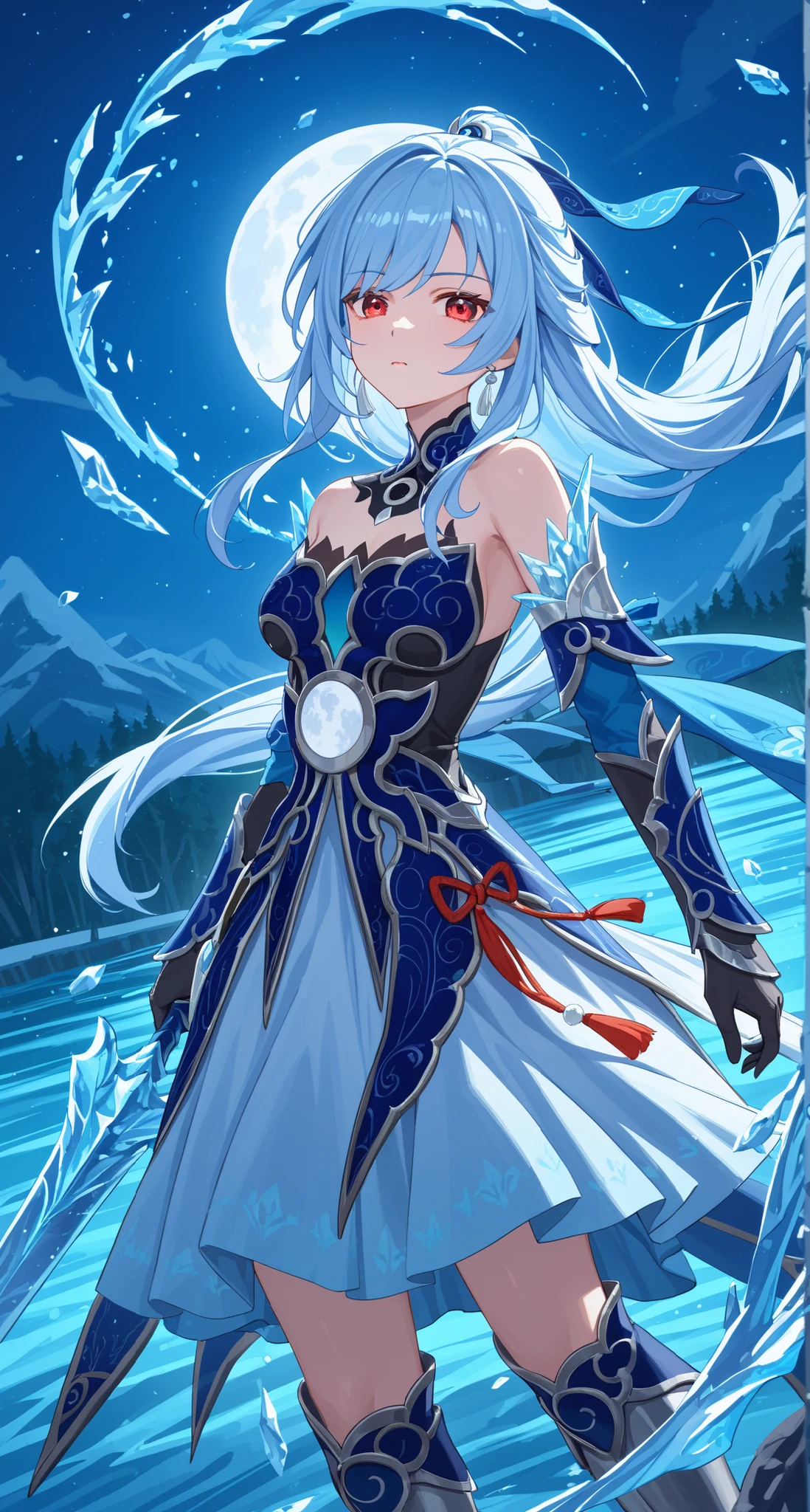nsfw,Jingliu,glass cover,side shot,alternate color,masterpiece,detailed illustration,lifelike,{{{1Jingliu}}},shiny beautiful woman,cinematic lighting,dynamic angle,dynamic pose,depth of field,looking at viewer,1girl,jgsd,red eyes,blue armored dress,white skirt,tassels,hair ribbon,black gloves,blue sleeves,armored boots,light blue skirt,frozen lake,night,full moon,battoujutsu stance,ice large sword,expressionless
