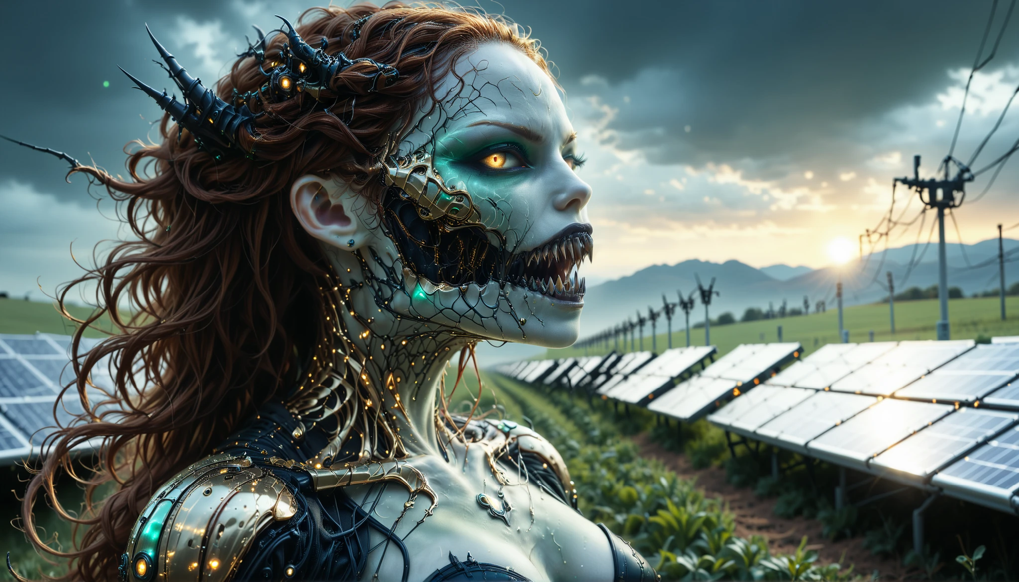 cybernetic corruption, seductive cybernatic vampire, fangs, Vampire with bronze skin, curly auburn hair braided with copper wires, emerald‑green ocular implants. She surveys a field of solar panels at dusk, clad in a metallic suit that shimmers gold.