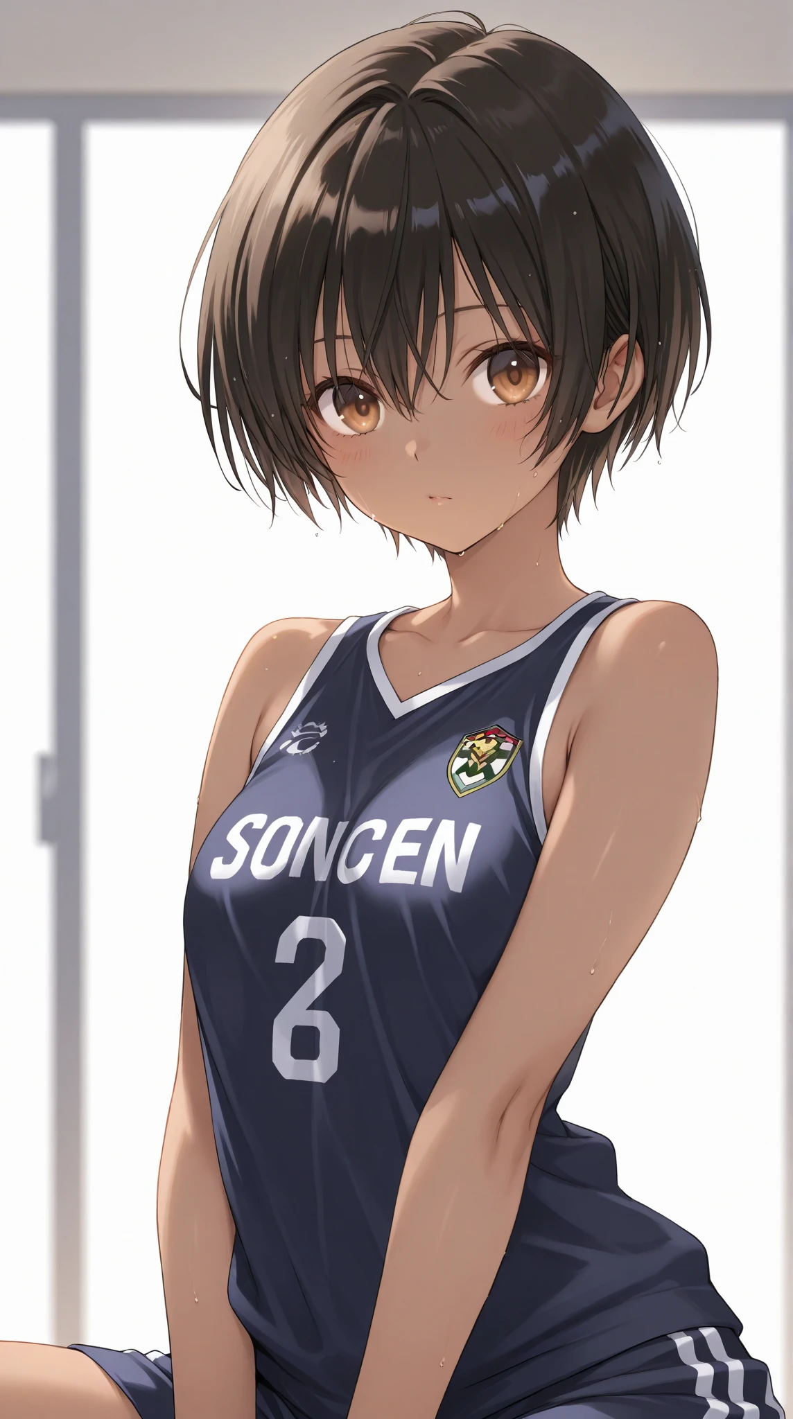 (Highest quality:1.5, High resolution, uhd, 4K, Detailed lighting, Shaders), ((Misaka Mikoto)) ,solo short hair Brown Hair Brown eyes Cool face ((Volleyball Uniforms))++ Realistic gym Sweat Super oily skin Preparing for exercise No ball No sleeve Cowboy shot Beautiful ass Side angle