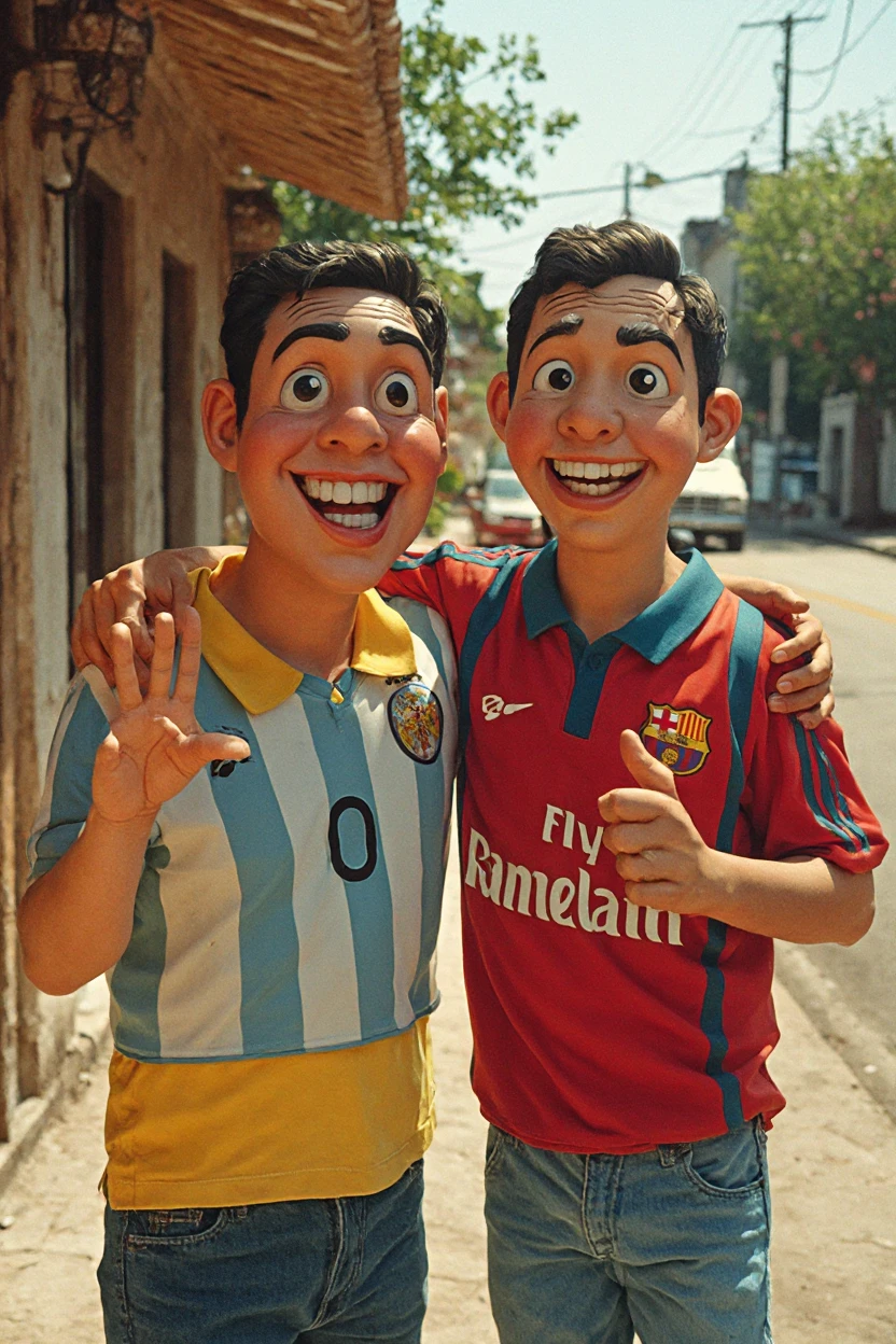 A boy and a girl running happily with two Venezuelan flags 
