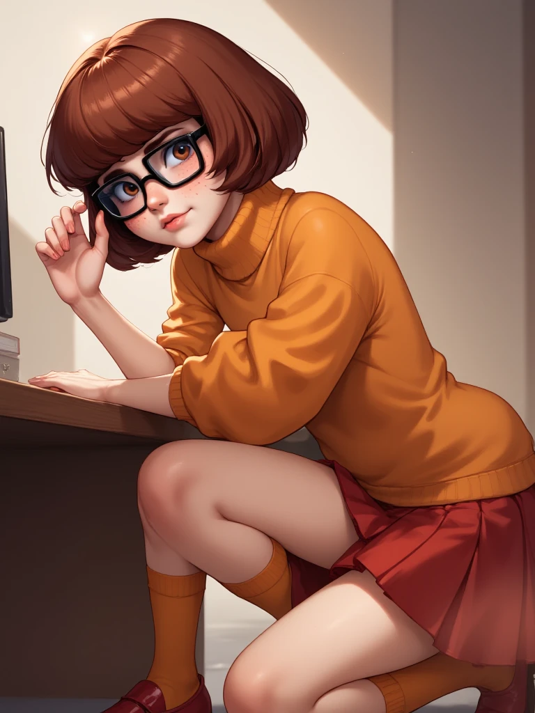 High-resolution digital illustration of  sd-velma A 25 year old with deep brown eyes, alluring expression. Brown Short, bob-style haircut with straight bangs. large, expressive brown eyes, freckled, Wearing, thick-rimmed, square glasses, she has huge sized breasts.
wearing in her classic orange turtleneck and red pleated skirt, but with a subtle, confident twist. She leans slightly against a desk, one hand resting on her hip while the other adjusts her glasses in that signature thoughtful way. Her oversized sweater drapes just enough to hint at her silhouette, the hemline teasing the pleats of her skirt as it rests mid-thigh. Her knee-high orange socks accentuate the curve of her legs, leading down to her polished red Mary Janes, crossed just enough to add a touch of elegance.
Her expression is playful yet intelligentâa slight smirk curling at the edge of her lips as she peers over her thick-rimmed glasses, eyes glimmering with curiosity. The soft glow of light highlights her auburn bob, framing her face perfectly as a strand falls just out of place, giving her that effortlessly charming, bookish allure. Itâs Velma as you know herâbrilliant, stylish, and with just a hint of mischief
