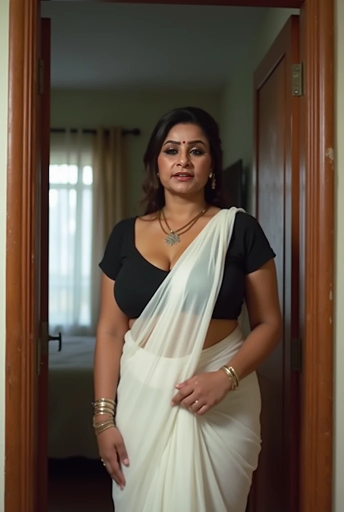 Tamil Nadu hot sexy 30 years old aunty in sexy Indian-black-blouse and Punjabi long white-skirt and sowing her full body structure in her bedroom.