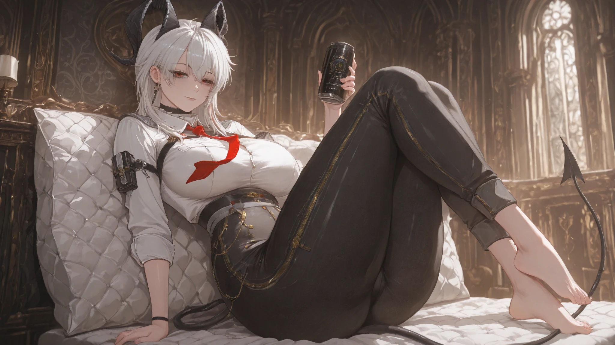 Male with light beard, flowing white hair, has wolf ears, has wolf tail, , happy, playful, sitting on couch watching tv, wearing panties, wearing stockings, wearing lingerie, wearing thigh high socks